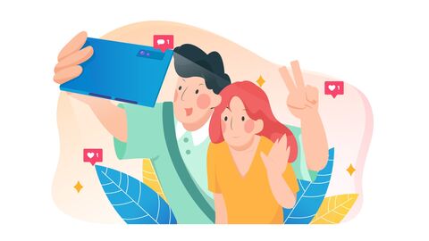 Hallo Community! Illustration: Zwei junge Leute machen ein Selfie