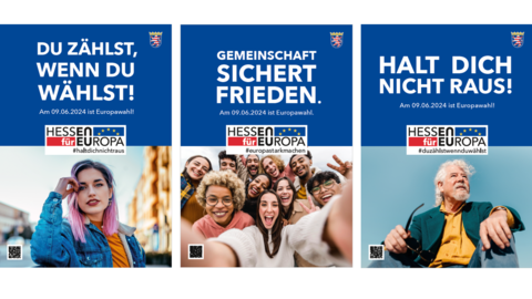 Drei Plakate zur Europawahl als Collage aufbereitet. Auf dem ersten steht "Du zählst, wenn du wählst!", auf dem zweiten "Gemeinschaft sicher Frieden", auf dem dritten "Halt dich nicht raus!".