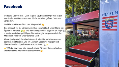 Rechteckige Fläche ist in 2 Bereiche unterteilt. Links steht der Inhalt des Facebook-Beitrags und rechts ist das passende Bild dazu.