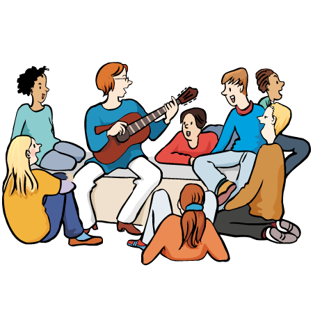 Gruppe-singen eine Gruppe von jungen Leuten singt zur Gitarre